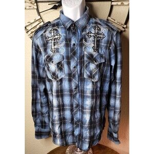 Pop Icon Mens Pearl Snap Shirt Medium Long Sleeve Blue/Black Embroidered Graphic